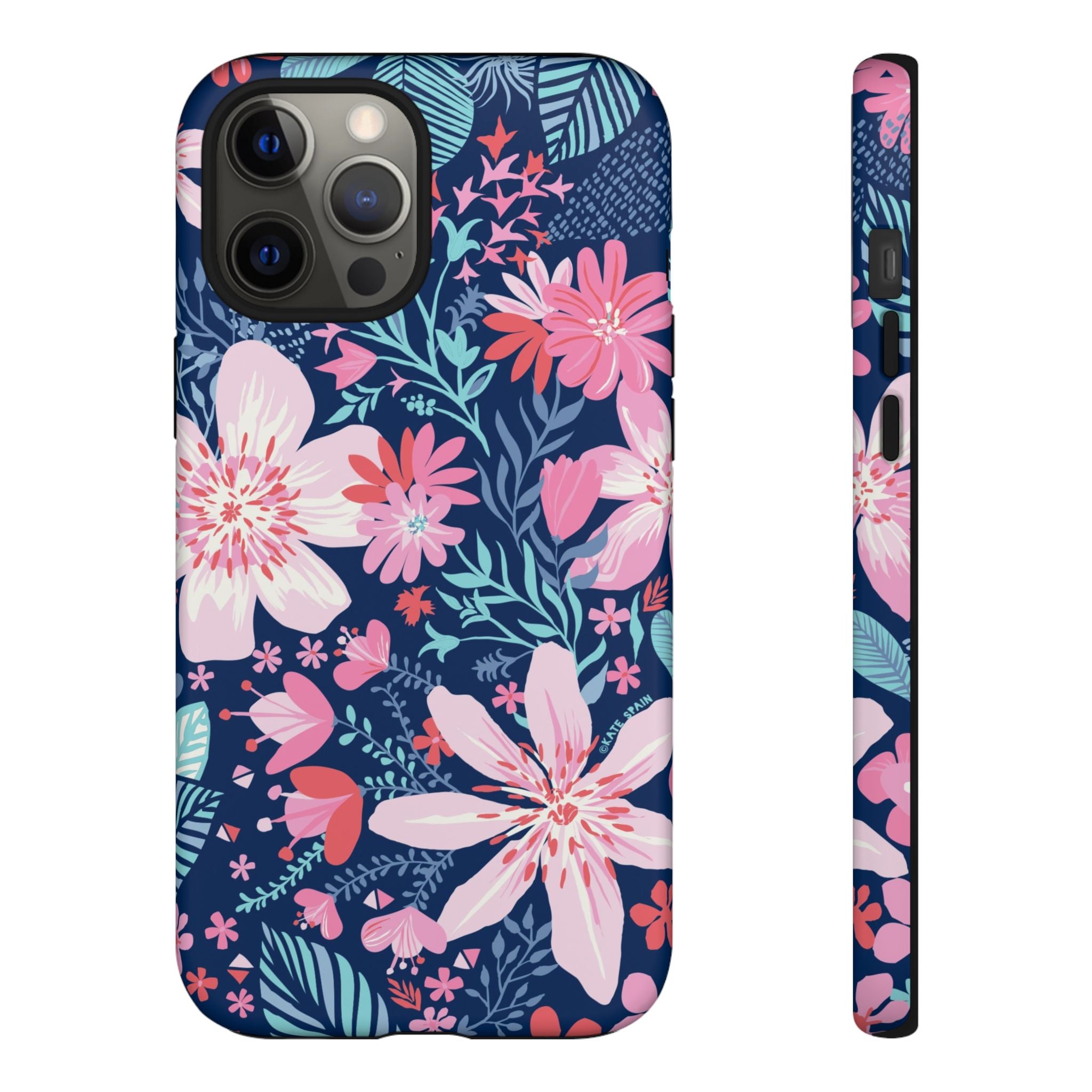 Bonaire Tough iPhone 12 Pro Max Case – Matte | navy, pink, white tropical floral botanical print