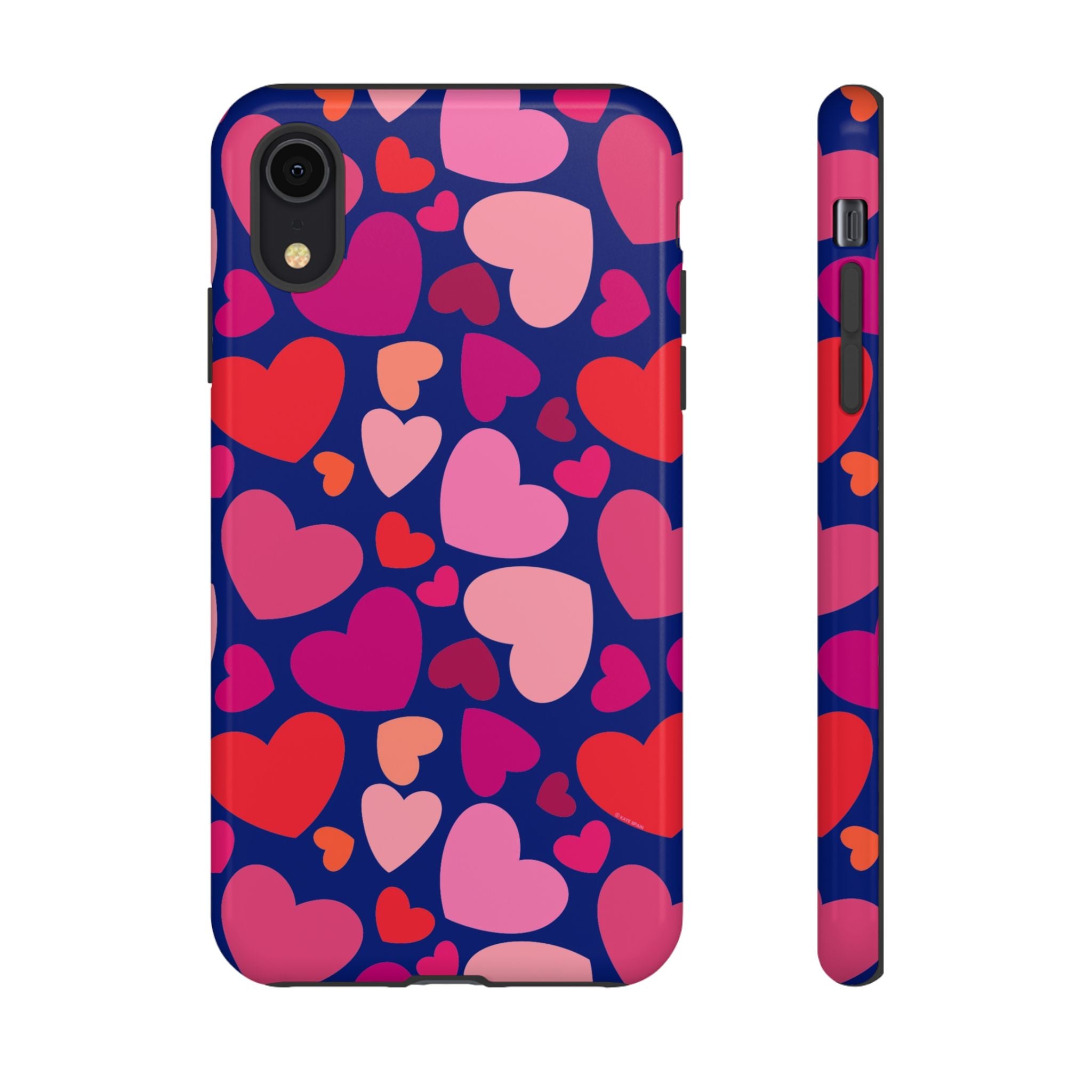 Hearts Tough iPhone XR Case – Glossy | navy, pink, red, coral scattered heart print