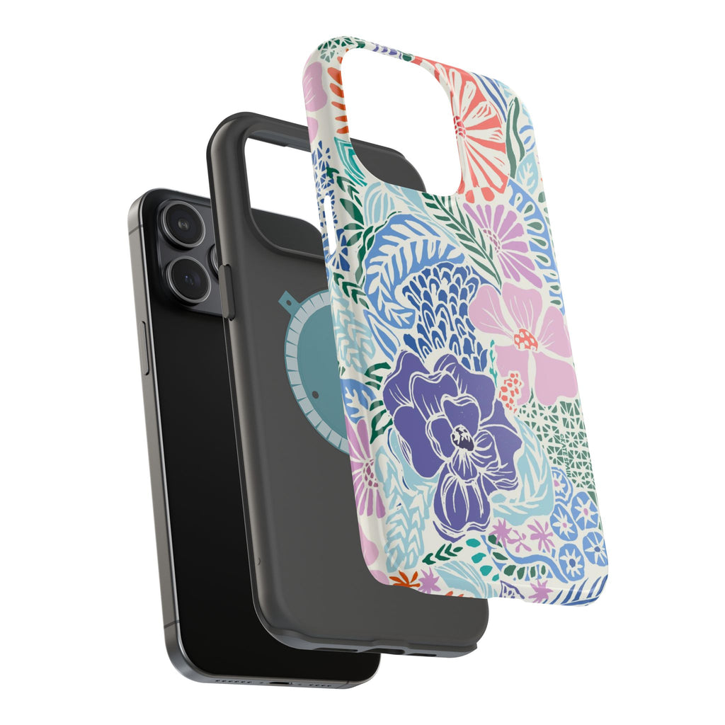 Tropica MagSafe iPhone  15 Pro Max Case – Glossy | angled view of the dual-layered construction with the outer shell in purple, coral, pink, blue botanical tropical floral print MagSafe compatible, dual-layer protection