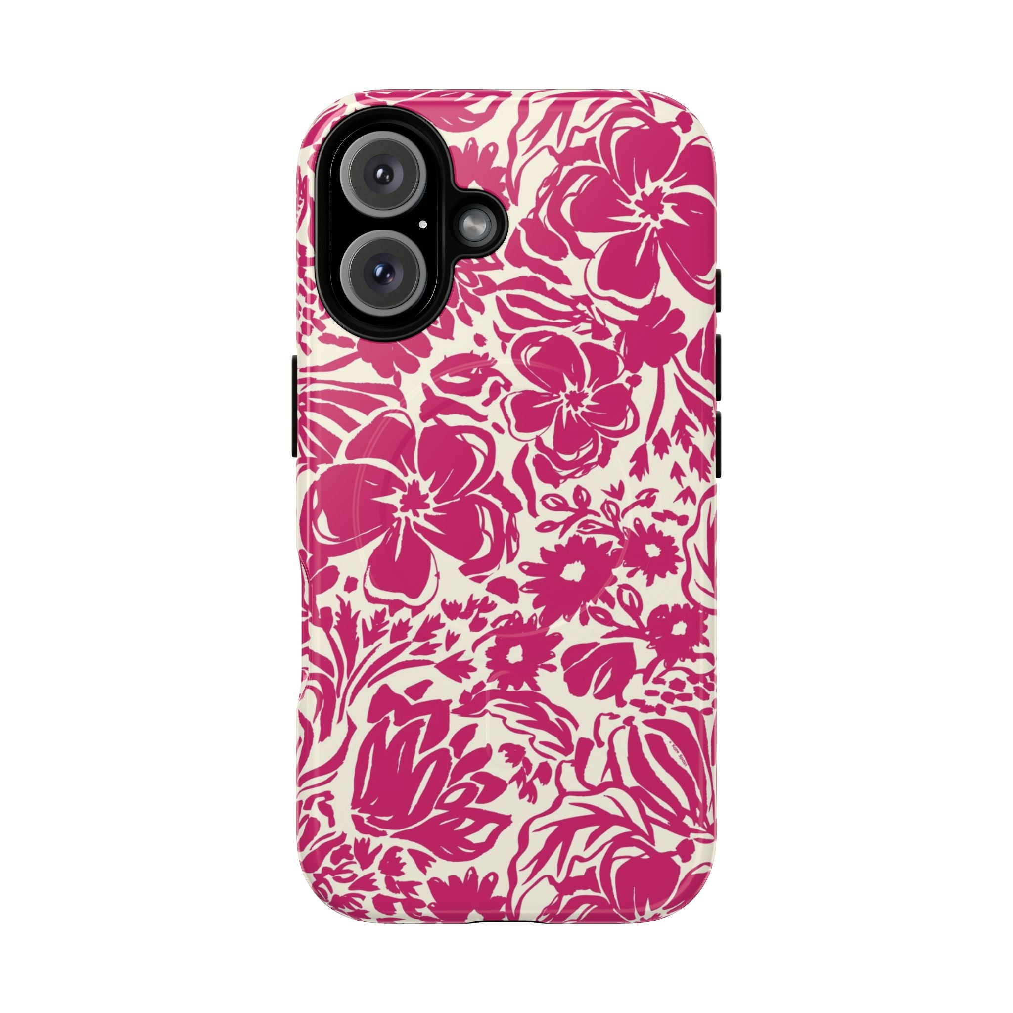 Rhapsody Bright Pink MagSafe iPhone 16 Pro Glossy case — bold magenta floral print on cream by Kate Spain