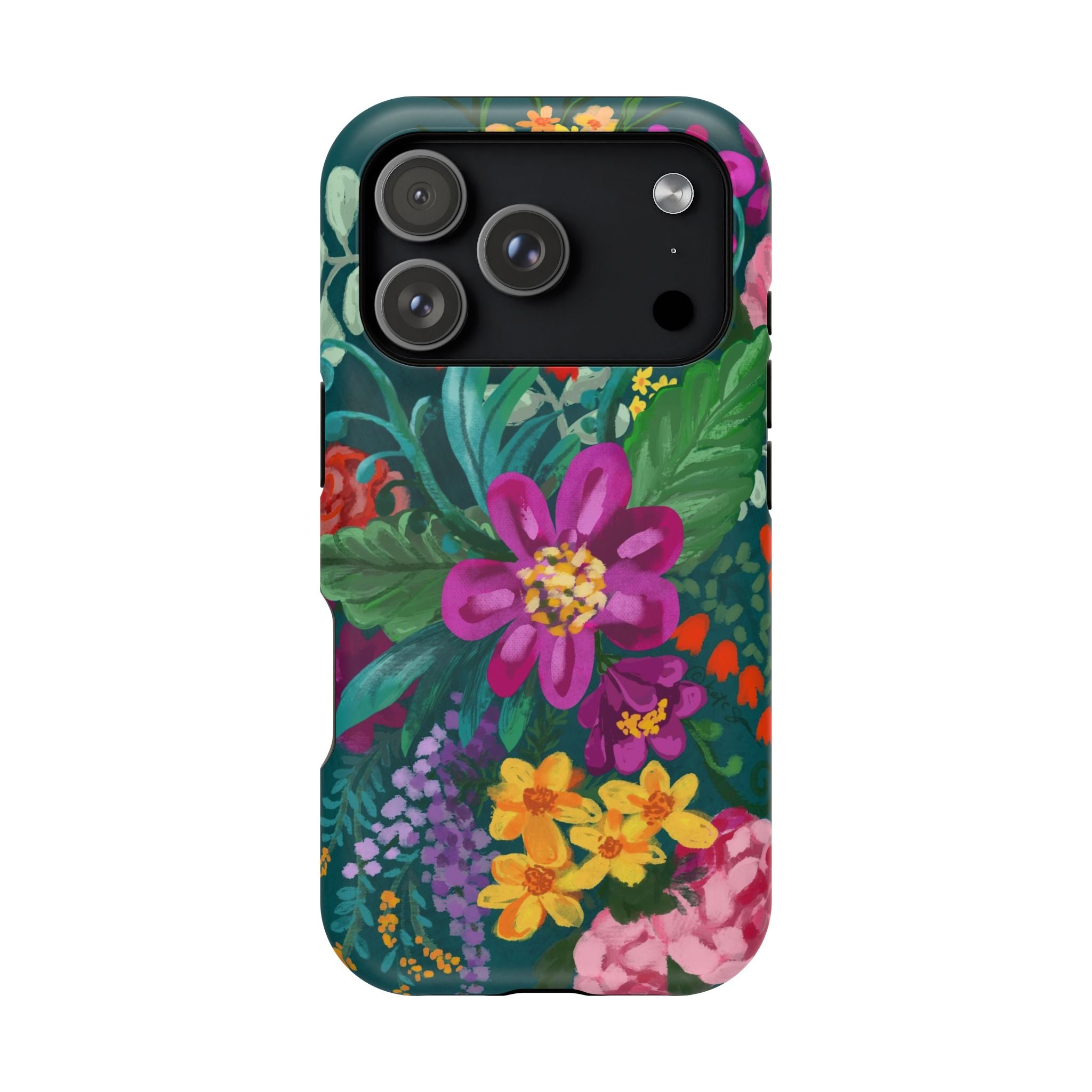 Posy MagSafe iPhone 17 Pro Case – Matte | teal, magenta, yellow, pink vibrant botanical floral print