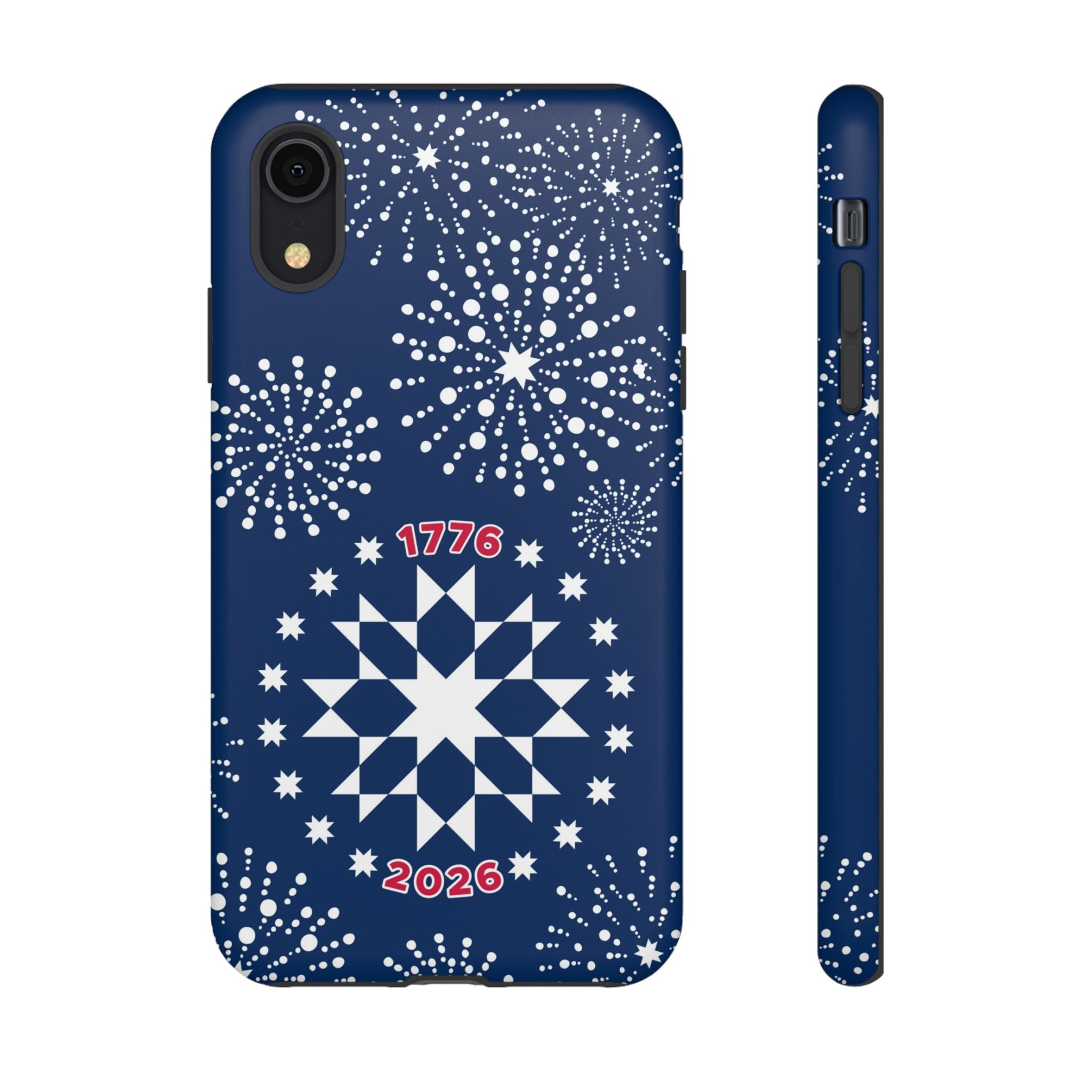 250th Fireworks Tough iPhone XR Case – Matte | navy, white patriotic star quilt fireworks print