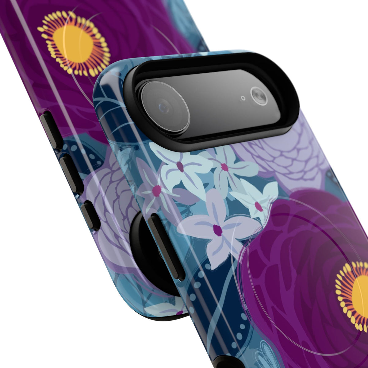 Bloomerie Violet MagSafe iPhone Case – angled view closeup of camera cutout and buttons | navy, purple, magenta botanical peony floral print