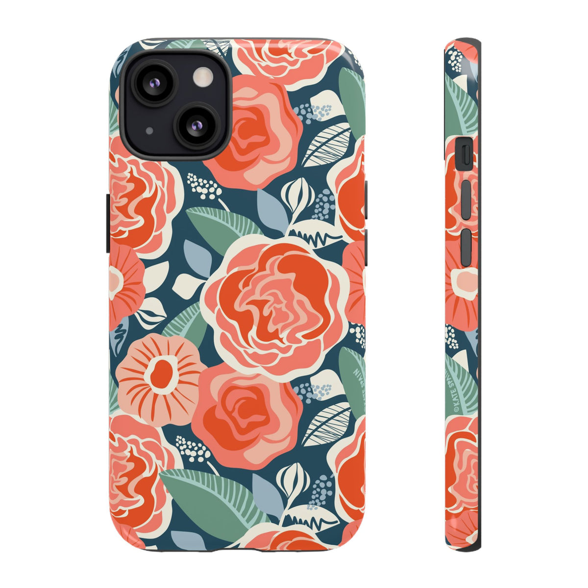 Tea Rose Navy Tough iPhone 13 Case – Glossy | navy, coral, peach botanical rose floral print