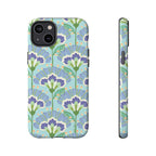 Lantern Flower Tough iPhone 14 Plus Case – Glossy | aqua, periwinkle, green botanical lantern floral print