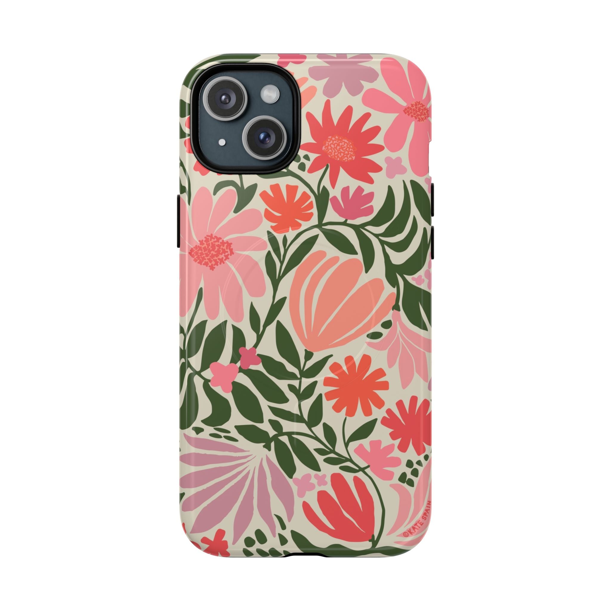 Botanica MagSafe iPhone 15 Plus Case – Glossy | coral, pink, sage green botanical wildflower print