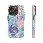 Tropica Tough iPhone 15 Pro Case – Glossy | purple, coral, pink, blue botanical tropical floral print