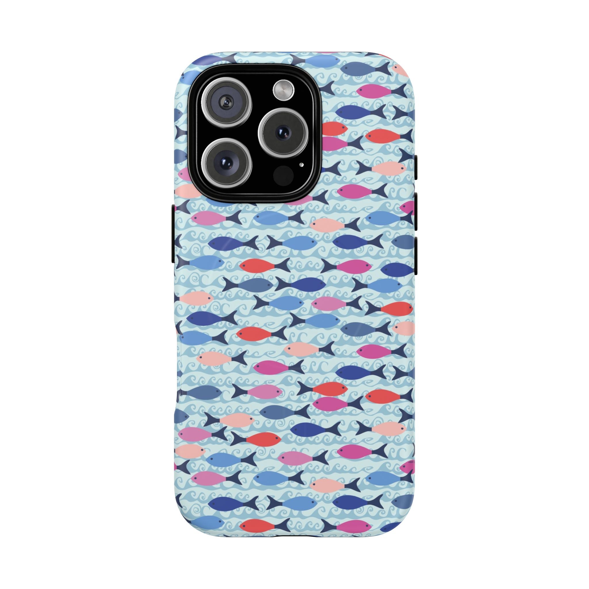 Summer Minnows MagSafe iPhone 16 Pro Case – Matte | navy, coral, pink, and periwinkle fish on a pale aqua ground