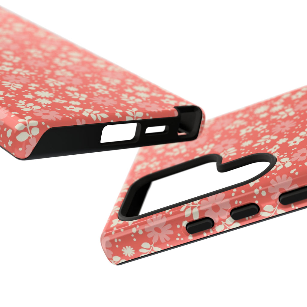 Petaline Samsung Galaxy S24 Ultra Case – Matte | detail of side, buttons, and ports in phone case in coral, cream, pink ditsy floral design