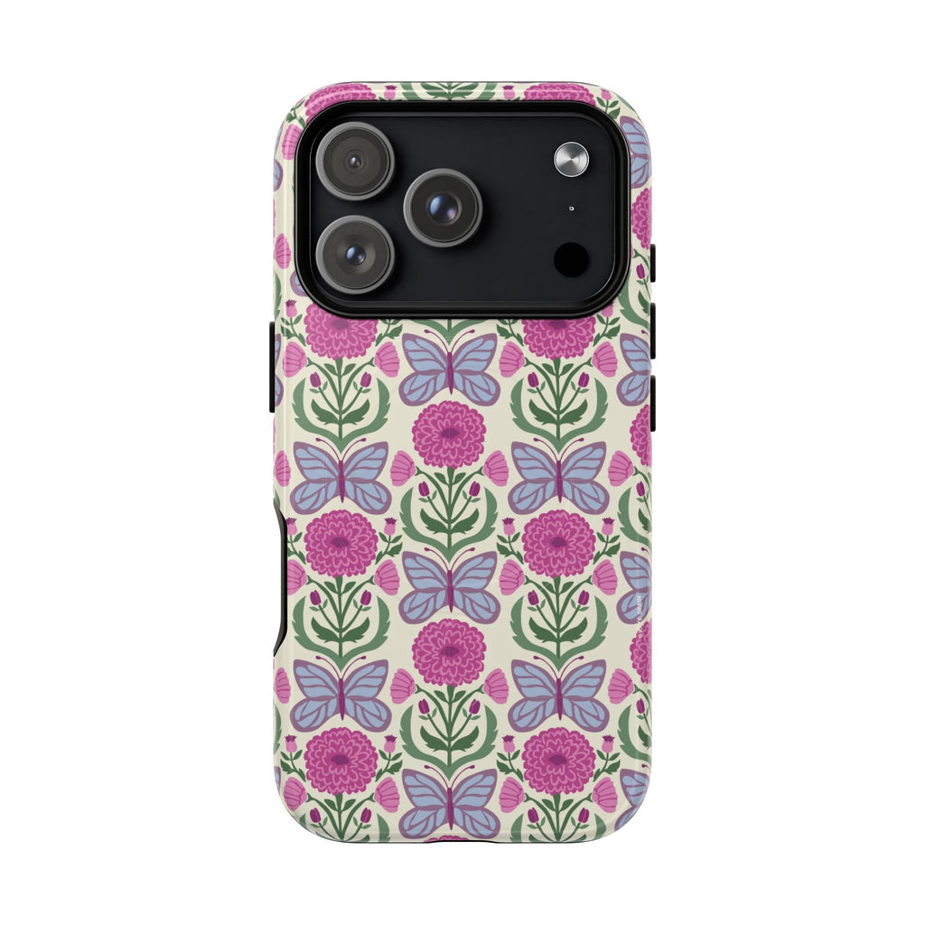 Butterfly MagSafe iPhone 17 Pro Case – Glossy | cream, magenta, periwinkle butterfly floral print