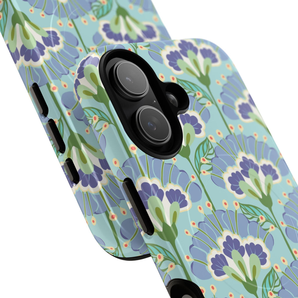 Lantern Flower MagSafe iPhone 17 Case – Glossy | aqua, periwinkle, green botanical lantern floral print | angled view closeup of camera cutout and buttons