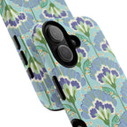 Lantern Flower MagSafe iPhone 17 Case – Glossy | aqua, periwinkle, green botanical lantern floral print | angled view closeup of camera cutout and buttons