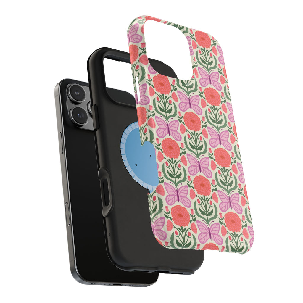 Pink Butterfly MagSafe iPhone 16 Pro Max Case Glossy – side profile showing dual-layered case construction | cream, coral, lavender, green butterfly floral print