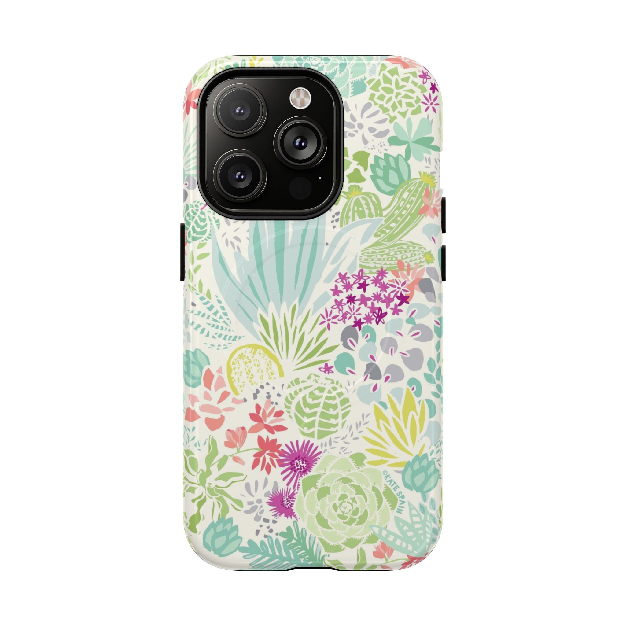 Canyon MagSafe iPhone 14 Pro Case – Glossy | cream, sage, aqua, mauve, fuschia botanical succulent print