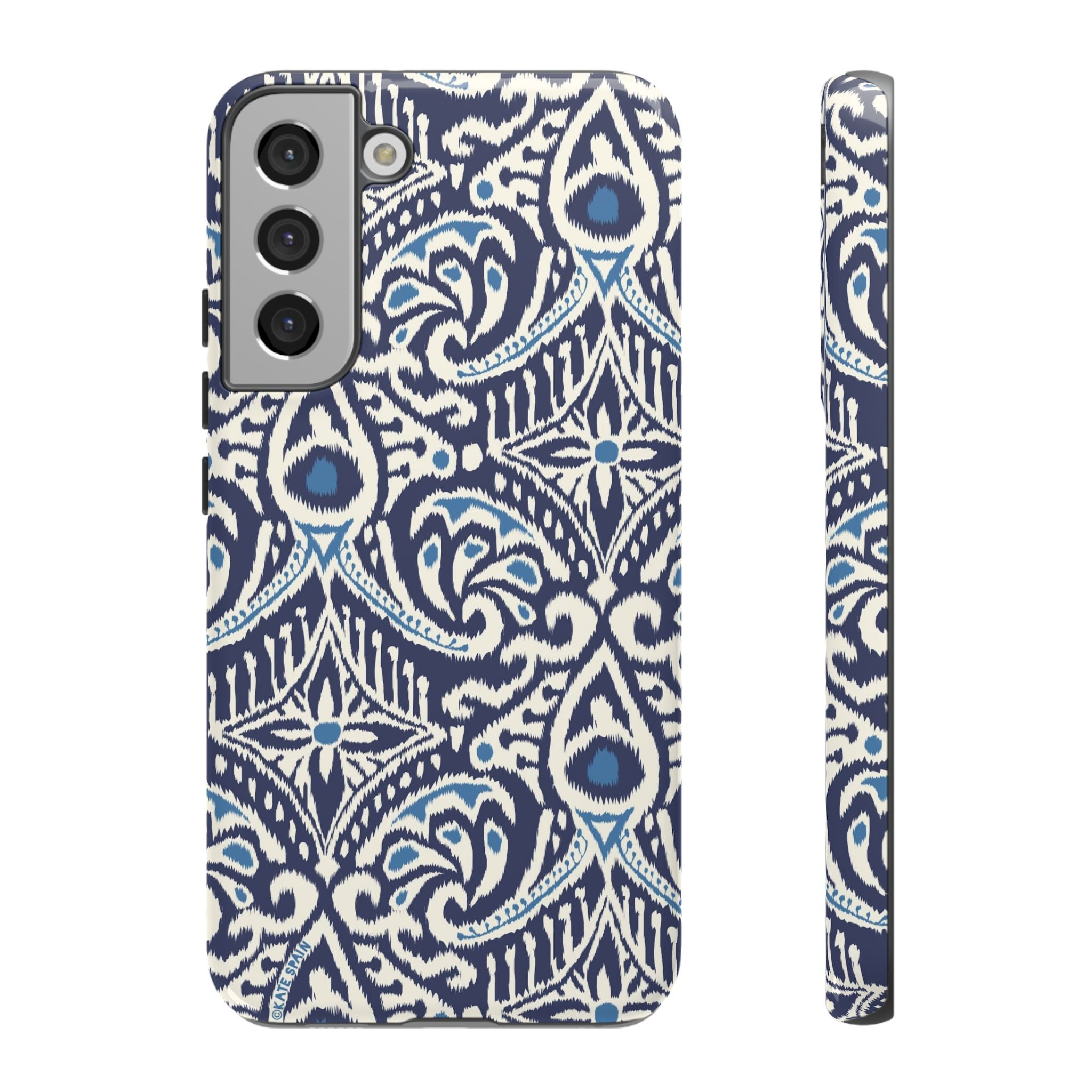 Luxury Ikat Samsung Galaxy S22 Plus Case – Glossy | navy, white, aqua ikat geometric medallion print