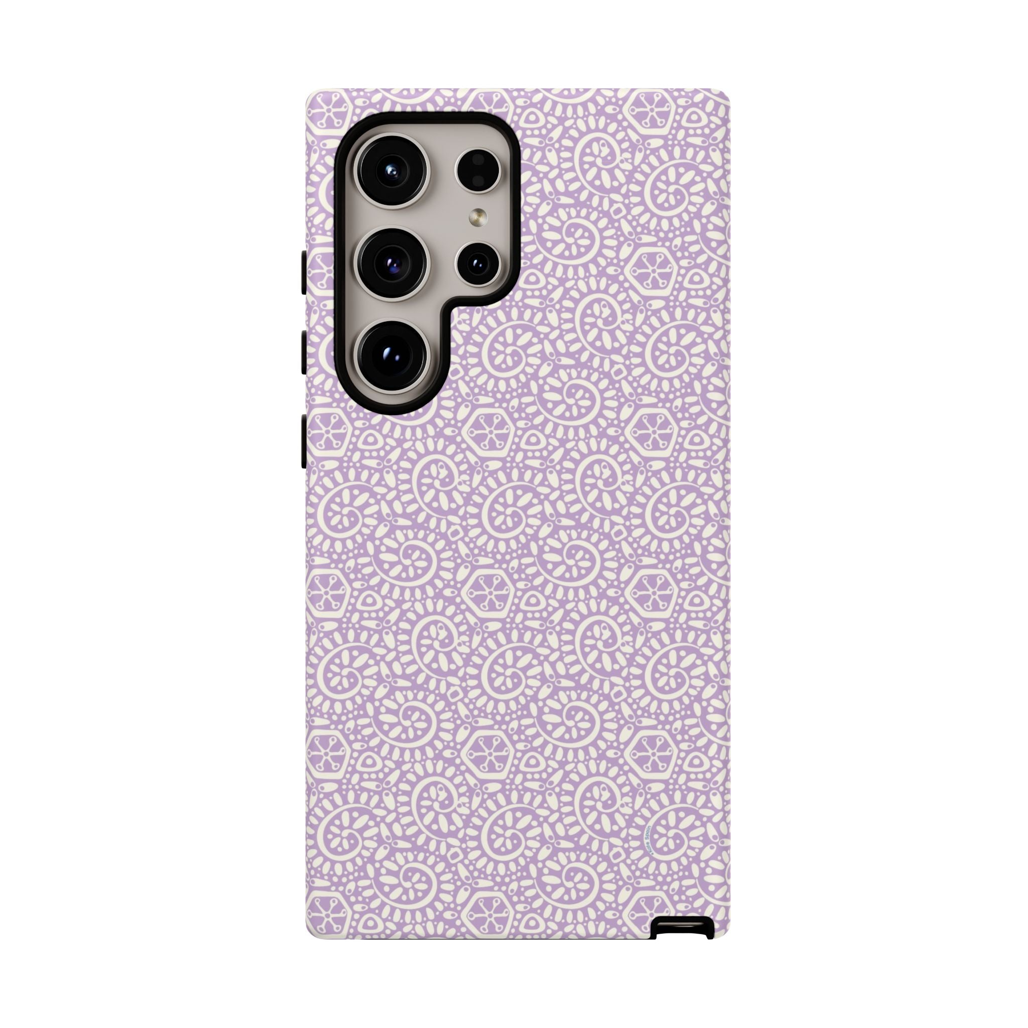 Canto Swirls Lavender Samsung Galaxy S24 Ultra Matte Case — lavender hard case covered in an intricate folk-art medallion pattern of radiating circular motifs, dot clusters, and geometric centers