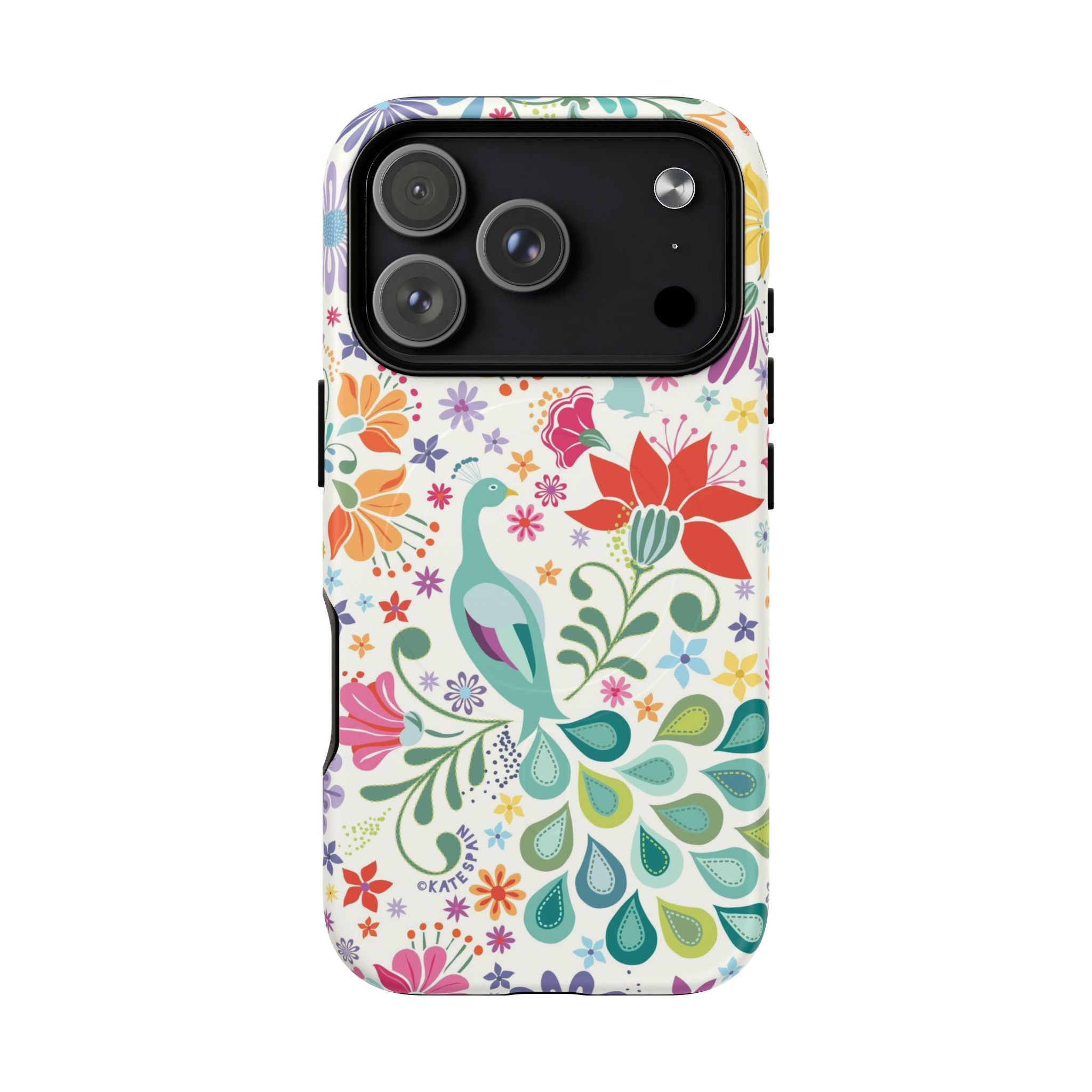 Peacock Sanctuary MagSafe iPhone 17 Pro Case – Matte | cream, teal, coral multicolor vibrant peacock feather botanical print