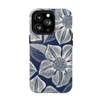 Vintage Bloom Navy MagSafe iPhone 13 Pro Case – Glossy | navy ground, large-scale white clematis print, engraved petal detail, dual-layer protection