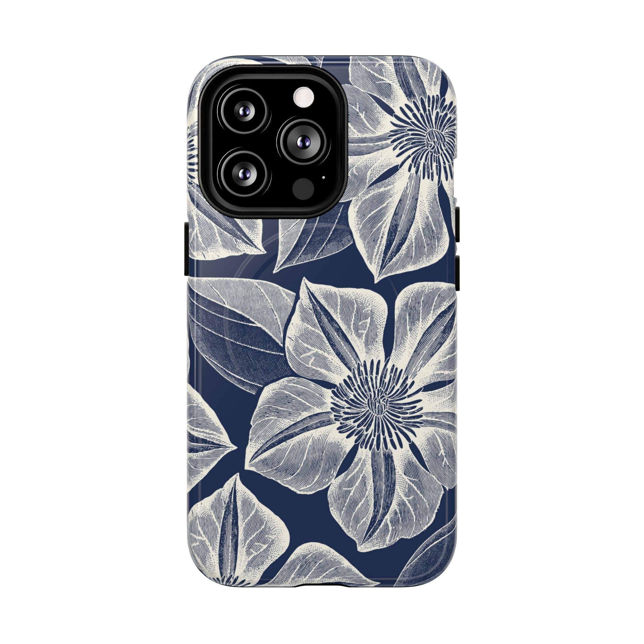 Vintage Bloom Navy MagSafe iPhone 13 Pro Case – Glossy | navy ground, large-scale white clematis print, engraved petal detail, dual-layer protection
