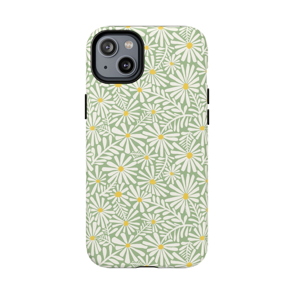 Montauk Daisy Meadow Green MagSafe iPhone 14 Plus Case – Matte | sage green, white graphic daisy and fern print, golden yellow centers MagSafe compatible, dual-layer protection