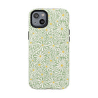 Montauk Daisy Meadow Green MagSafe iPhone 14 Plus Case – Matte | sage green, white graphic daisy and fern print, golden yellow centers MagSafe compatible, dual-layer protection