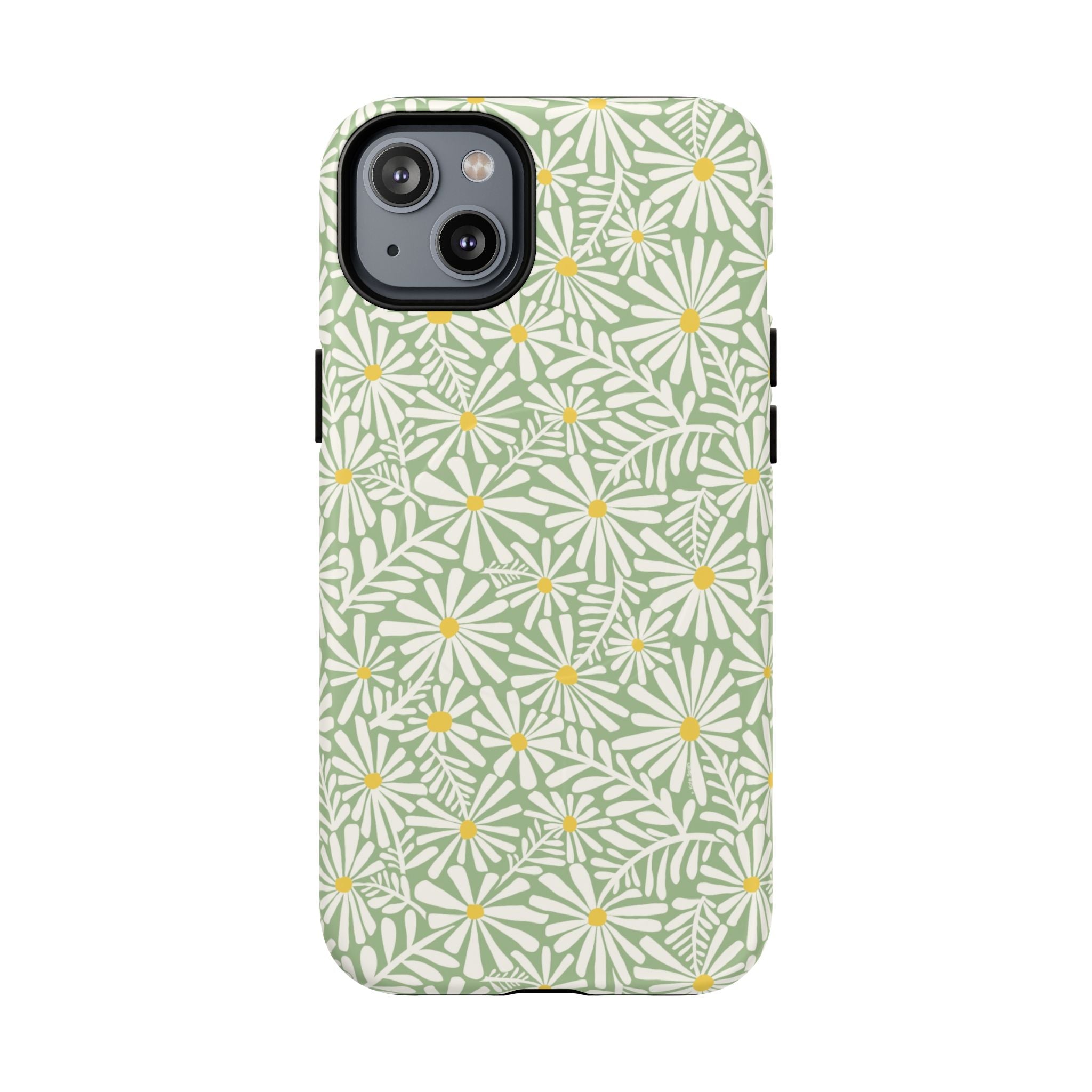 Montauk Daisy Meadow Green MagSafe iPhone 14 Plus Case – Matte | sage green, white graphic daisy and fern print, golden yellow centers MagSafe compatible, dual-layer protection