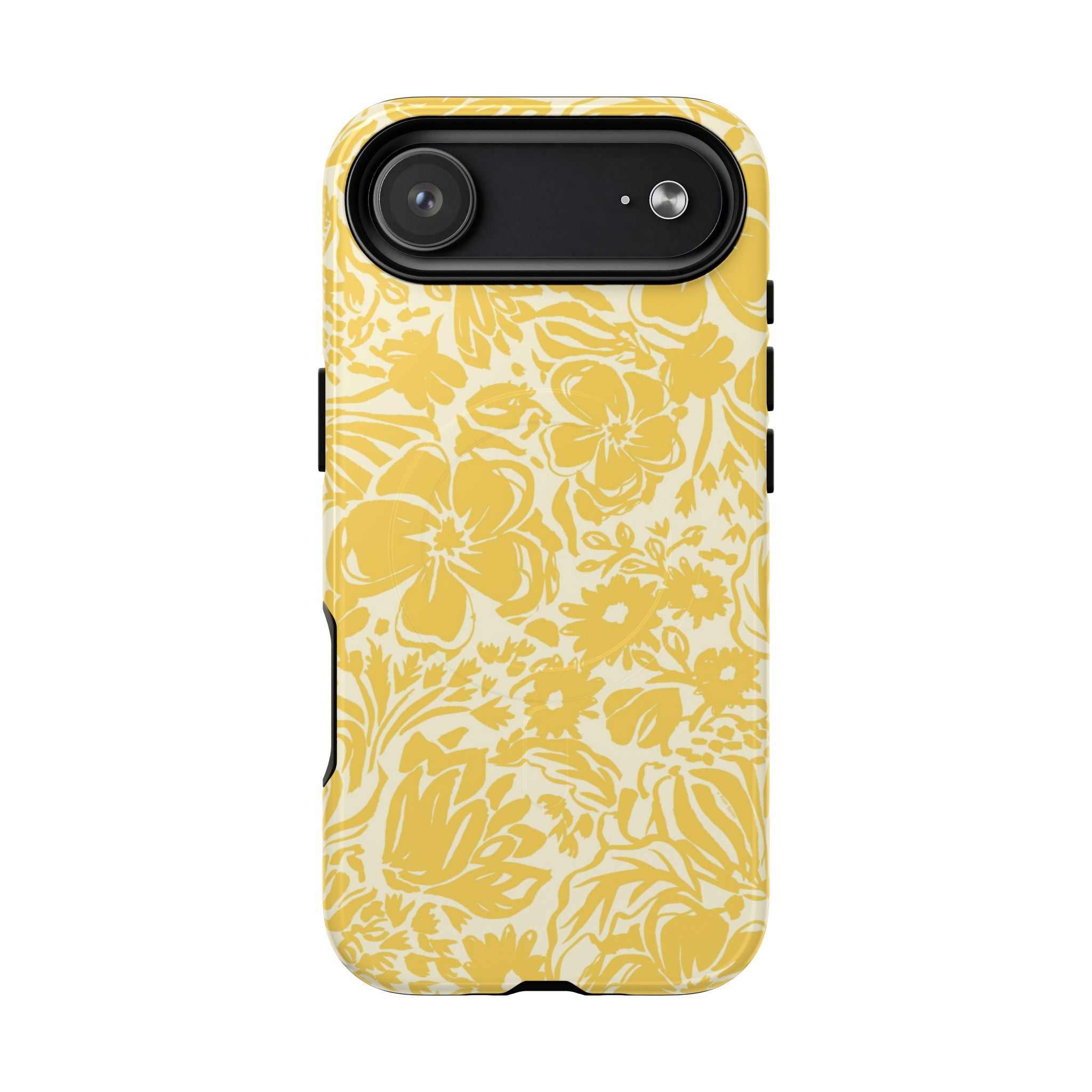 Rhapsody Yellow MagSafe iPhone 17 Air Glossy case — bold golden yellow floral print on cream by Kate Spain