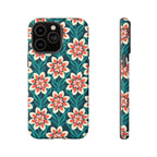 Modern Dahlia Tough iPhone 14 Pro Max Case – Matte | teal, coral, cream geometric dahlia floral print