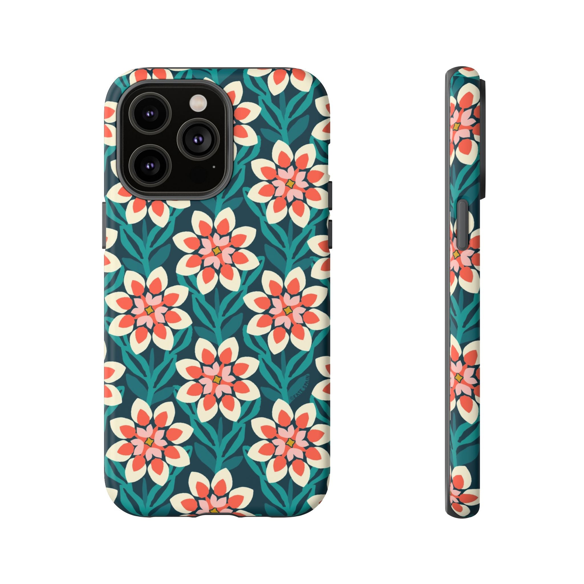 Modern Dahlia Tough iPhone 14 Pro Max Case – Matte | teal, coral, cream geometric dahlia floral print