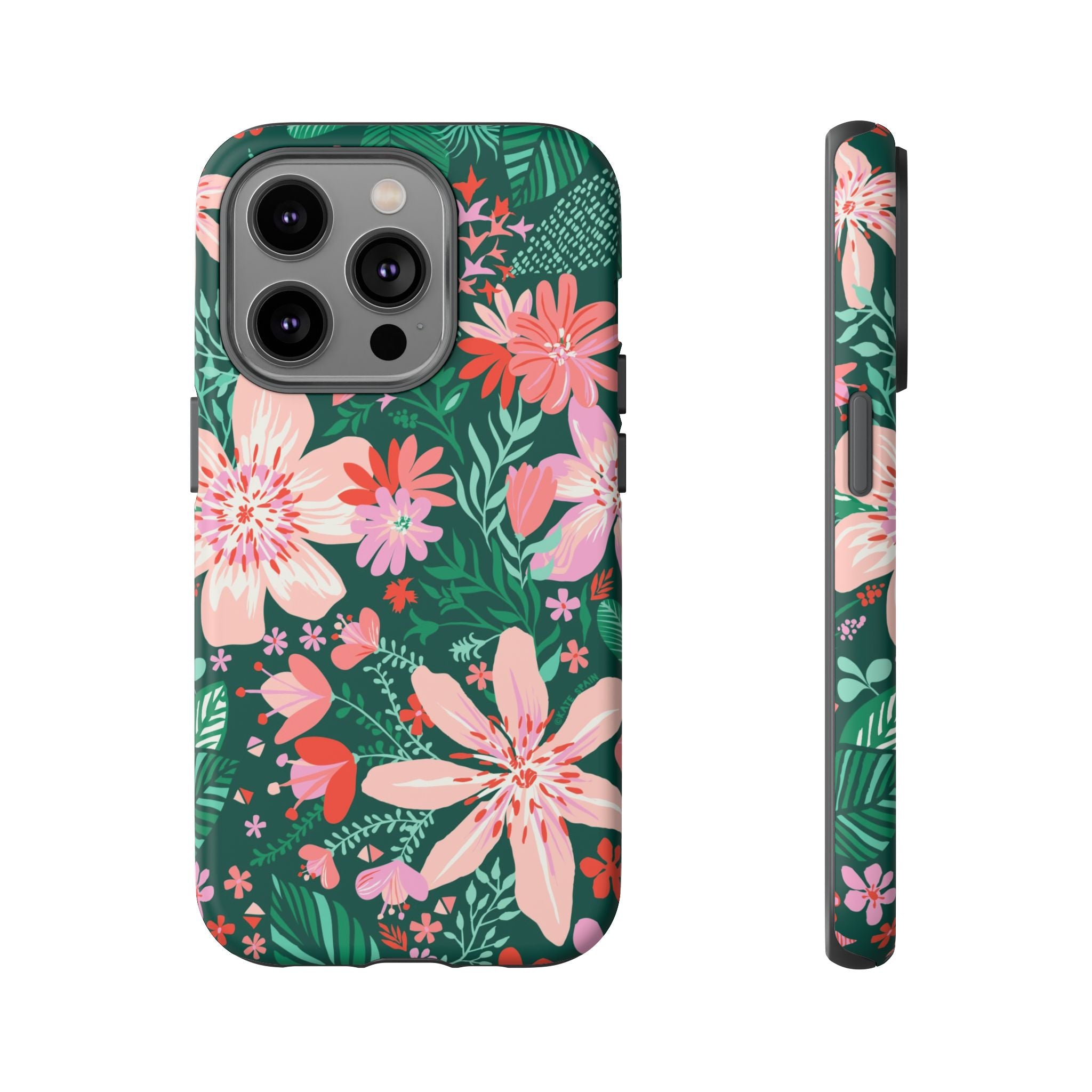 Bonaire Tough iPhone 14 Pro Case – Matte | jade, pink, white tropical floral botanical print