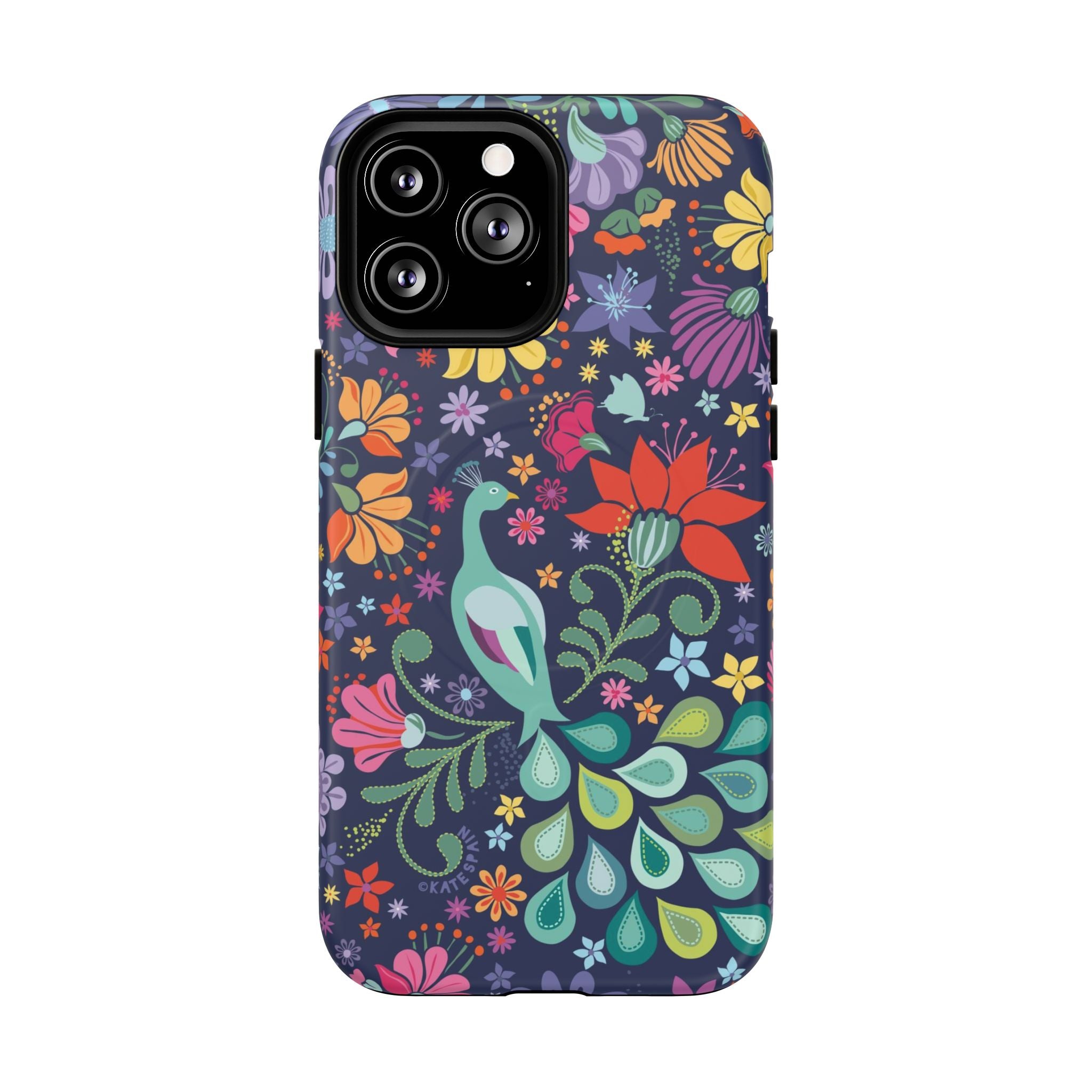 Peacock Sanctuary MagSafe iPhone 13 Pro Max Case – Matte | navy, teal, coral multicolor vibrant peacock feather botanical print