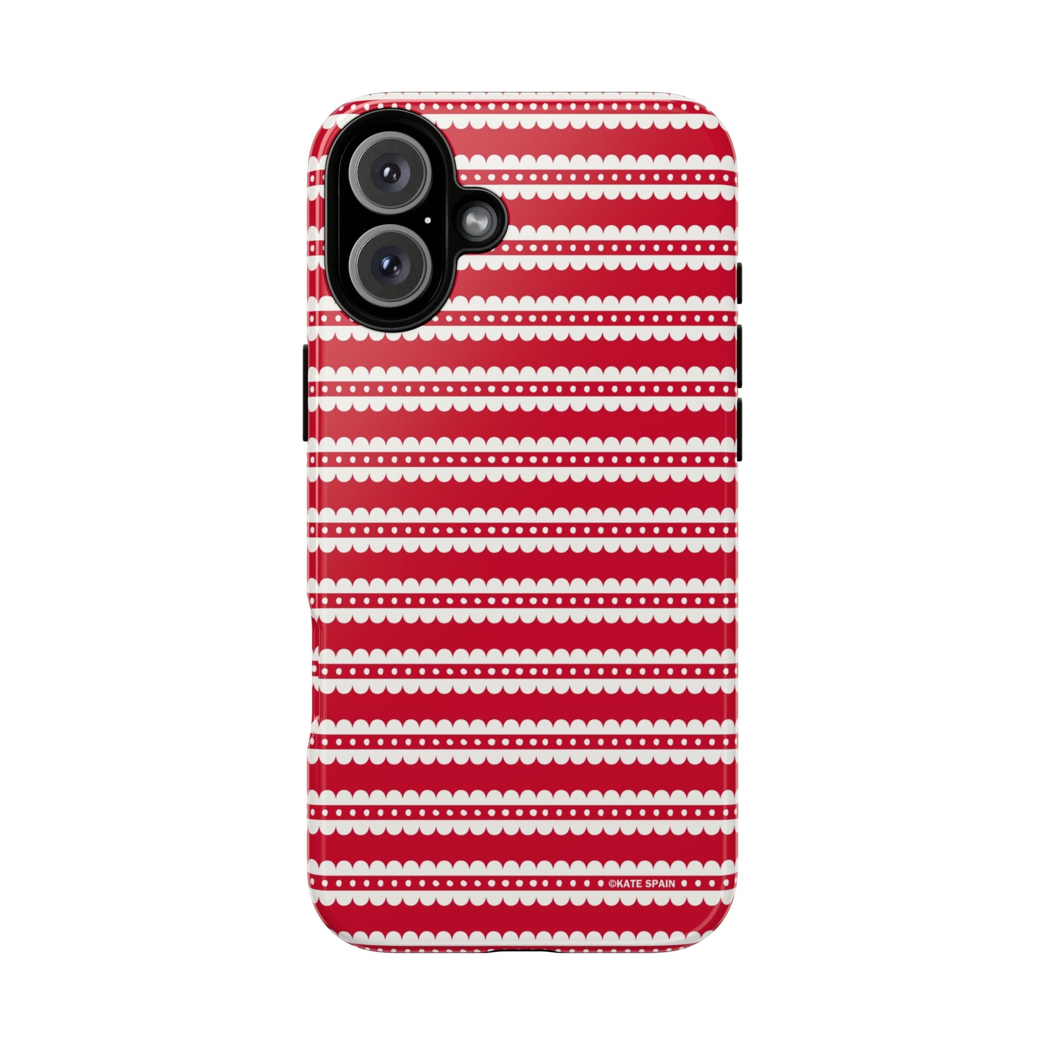 Candy Cane Stripe Tough iPhone 16 Plus Case – Glossy | red, cream scalloped candy cane stripe print