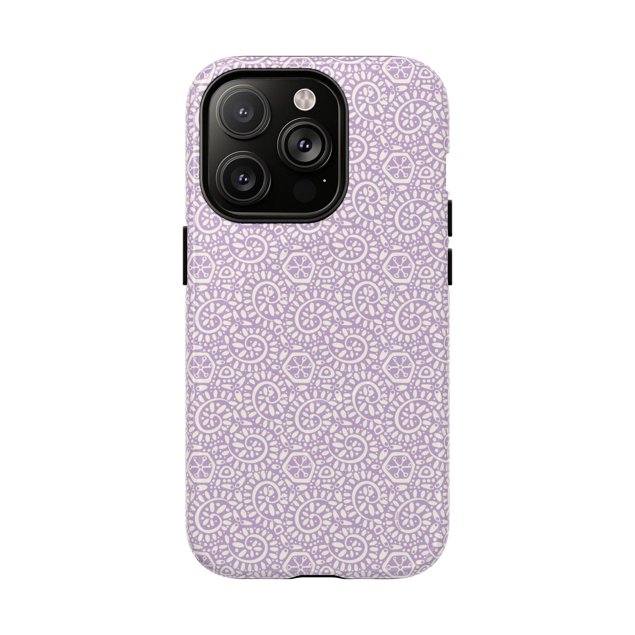 Canto Swirls Lavender MagSafe iPhone 14 Pro Glossy Case — lavender hard case covered in an intricate folk-art medallion pattern of radiating circular motifs, dot clusters, and geometric centers