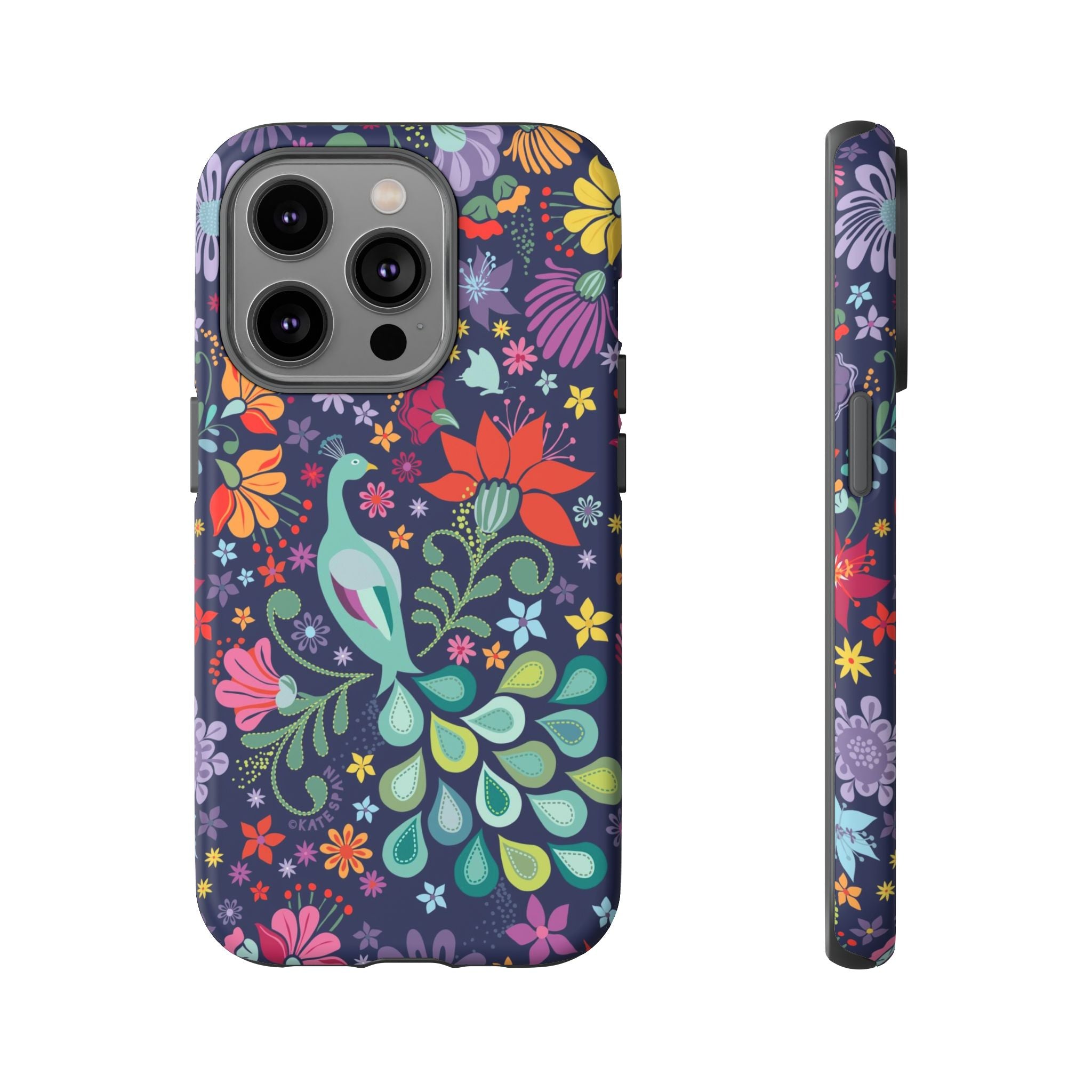Peacock Sanctuary Tough iPhone 14 Pro Case – Matte | navy, teal, coral multicolor vibrant peacock feather botanical print