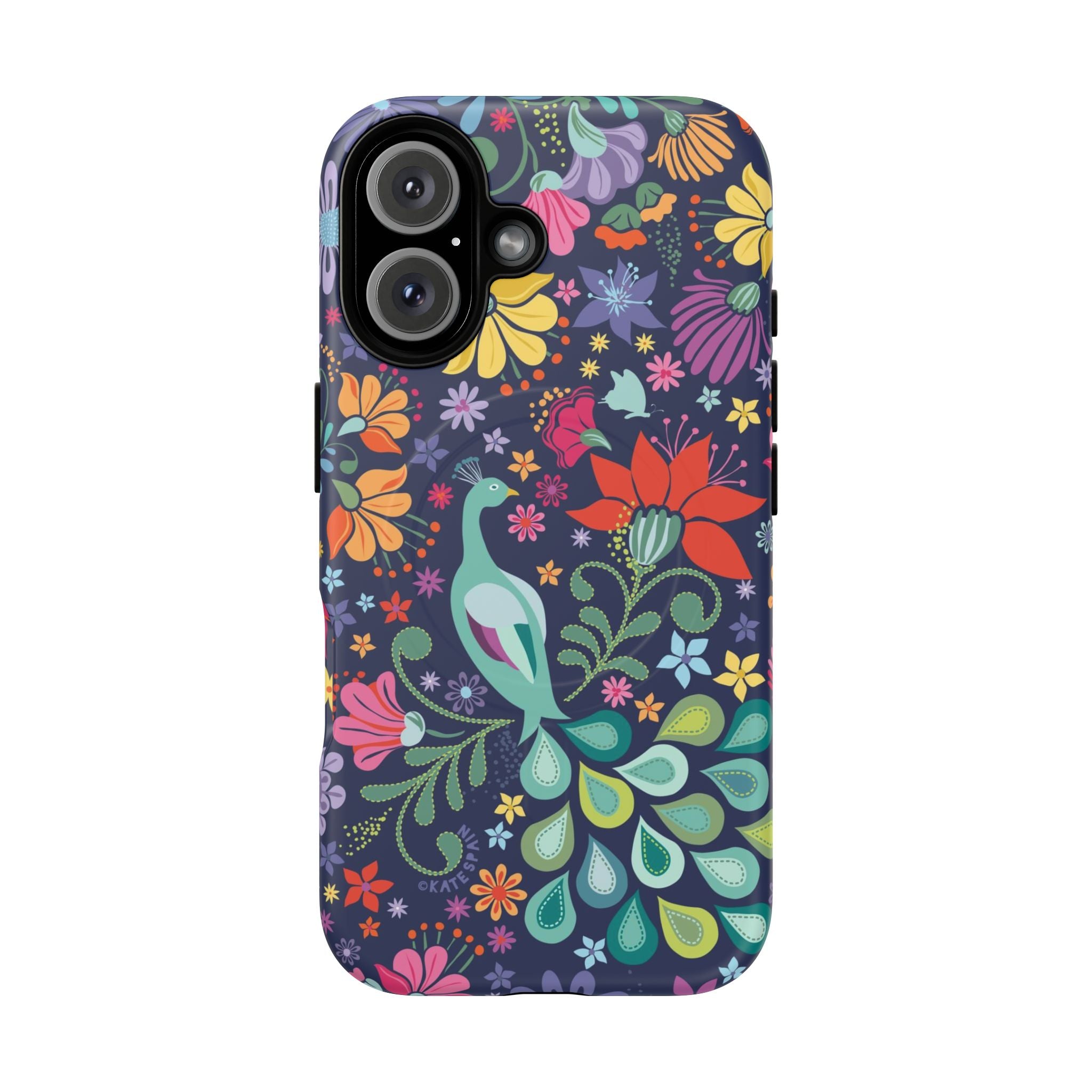 Peacock Sanctuary MagSafe iPhone 16 Case – Matte | navy, teal, coral multicolor vibrant peacock feather botanical print