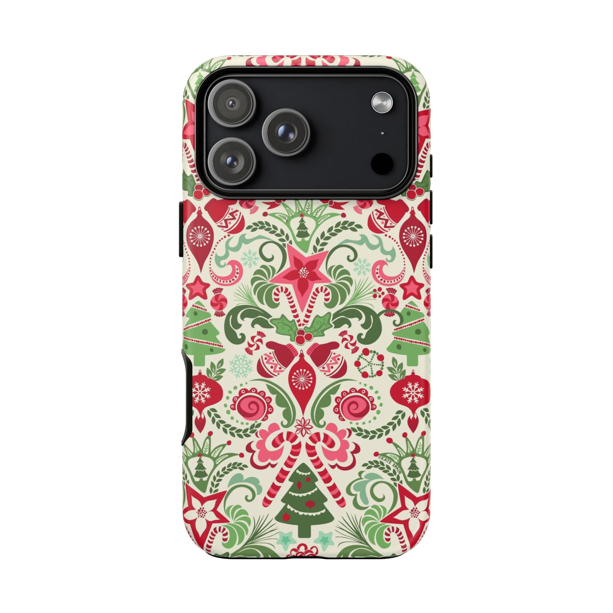 Wonderland Tough iPhone 17 Pro Max Case – Matte | cream, red, green Christmas ornament damask print