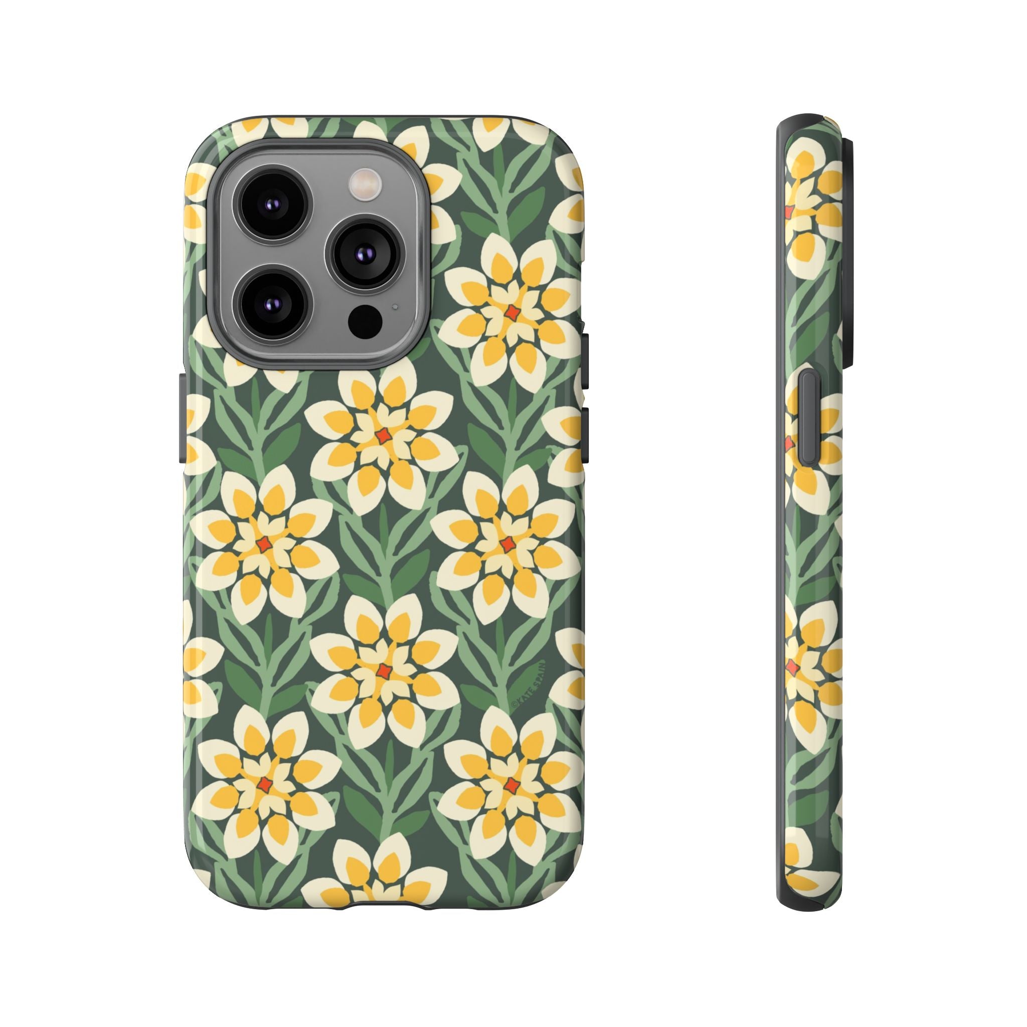 Designer Modern Dahlia Tough iPhone 14 Pro Case – Glossy | yellow, cream, green dahlia floral print
