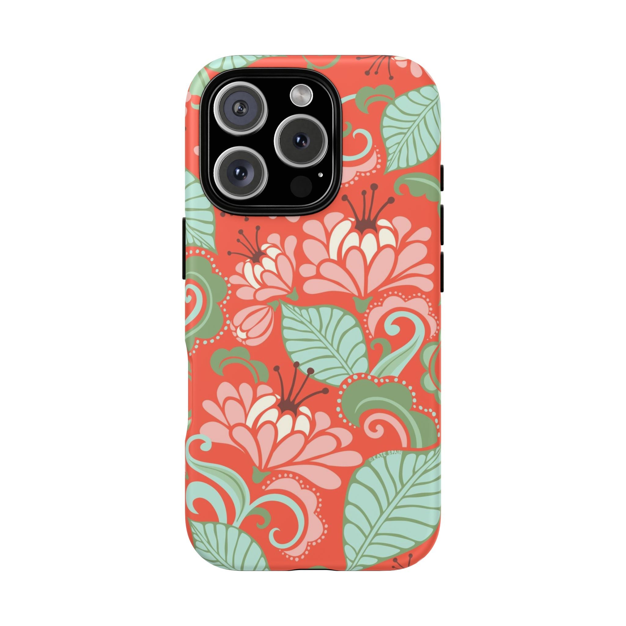 Sarabande Tough iPhone 16 Pro Case – Glossy | coral, pink, cream, green botanical floral print