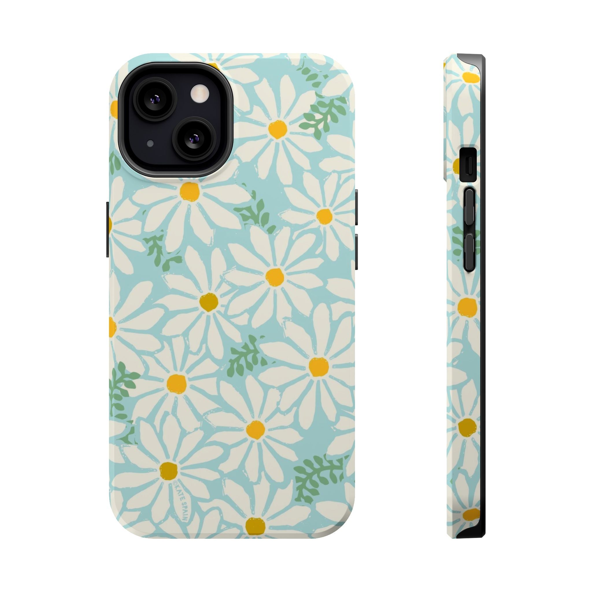 Daisies MagSafe iPhone 13 Case – Glossy | white, yellow, aqua watercolor daisy print