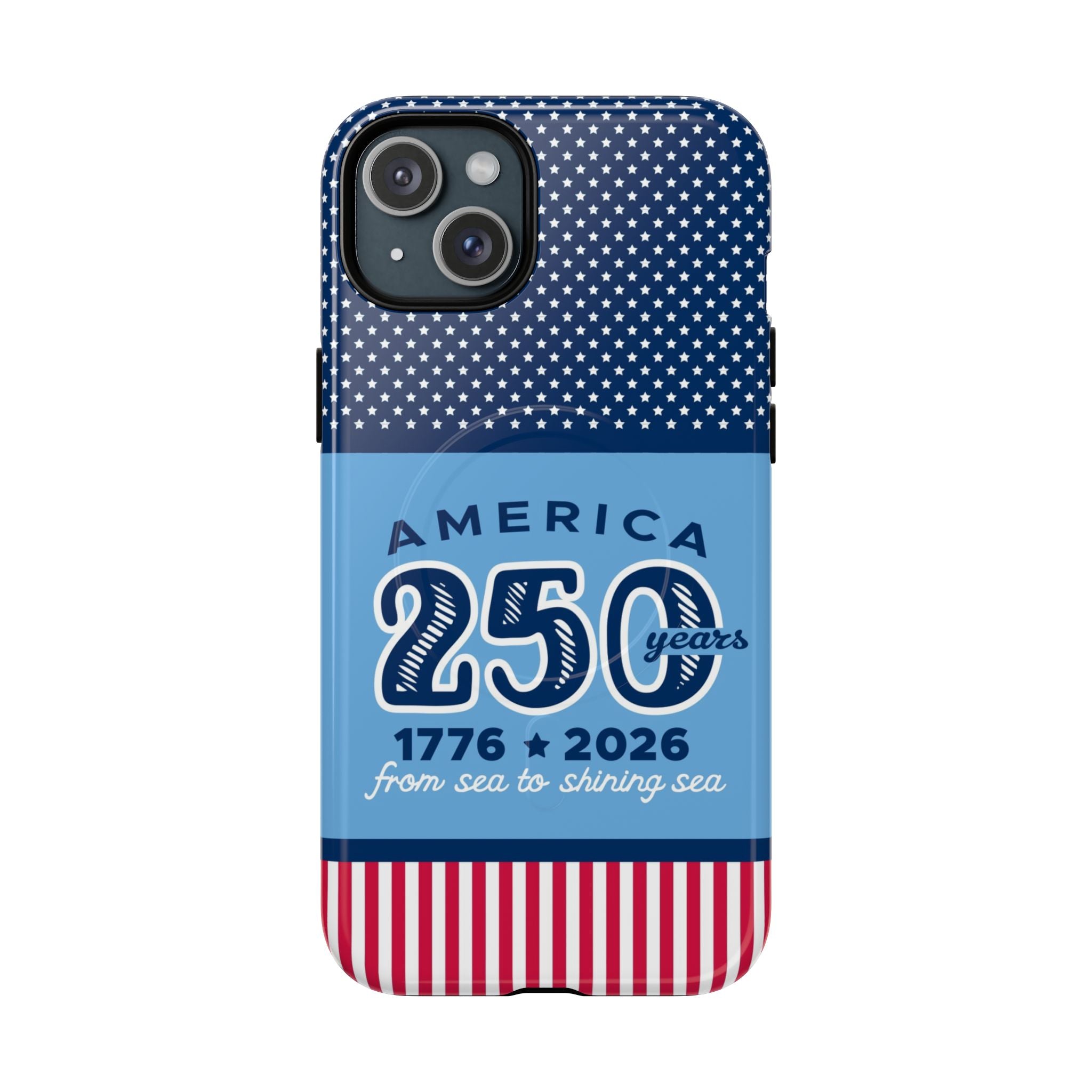 Sea to Shining Sea MagSafe iPhone 15 Plus Case – Glossy | navy, sky blue, red, white American stars & stripes 250th anniversary print