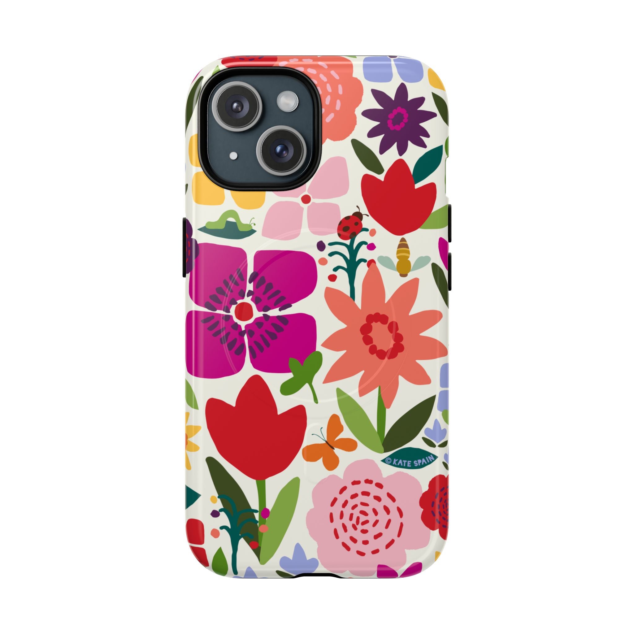 Happy Blooms MagSafe iPhone 15 Case – Glossy | cream, red, magenta, coral botanical floral print