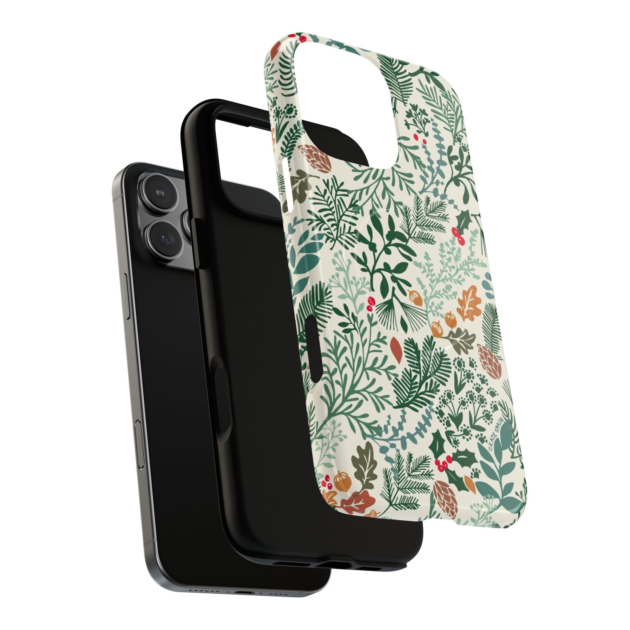 Juniper MagSafe iPhone 16 Pro Max Case – Dual-layered view of case and inner lining in front of phone, with view of camera cutout and buttons | cream, forest green, sage, and rust winter botanical print with pine, holly, acorns, and pinecones
