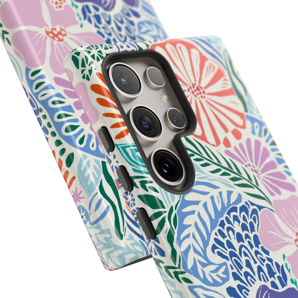 Luxury Tropica Samsung Galaxy S24 Ultra Case – close-up detail of 5 camera lenses in case | purple, coral, pink, blue botanical tropical floral print