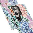 Luxury Tropica Samsung Galaxy S24 Ultra Case – close-up detail of 5 camera lenses in case | purple, coral, pink, blue botanical tropical floral print