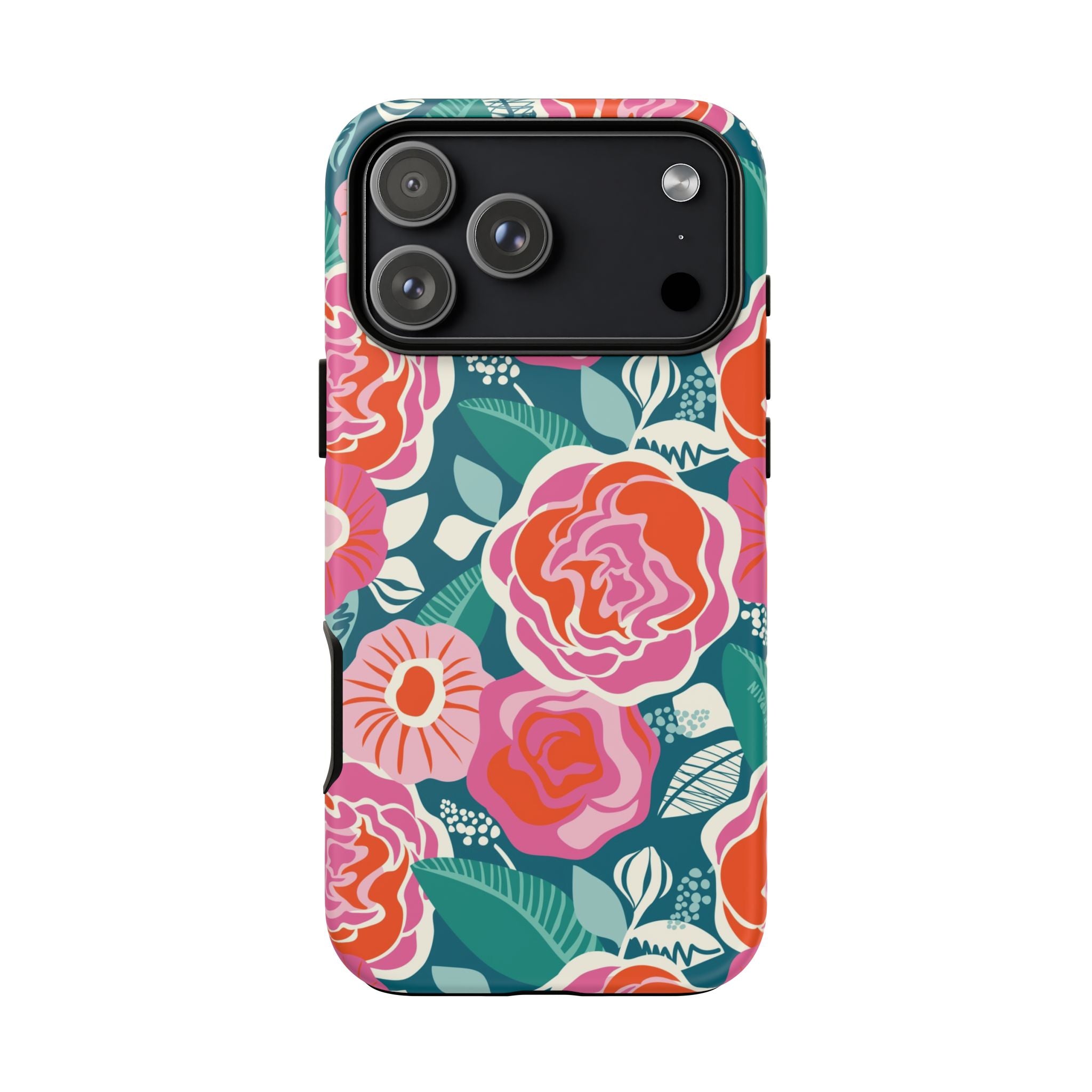 Tea Rose Teal Tough iPhone 17 Pro Max Case – Matte | teal, coral, pink botanical rose floral print