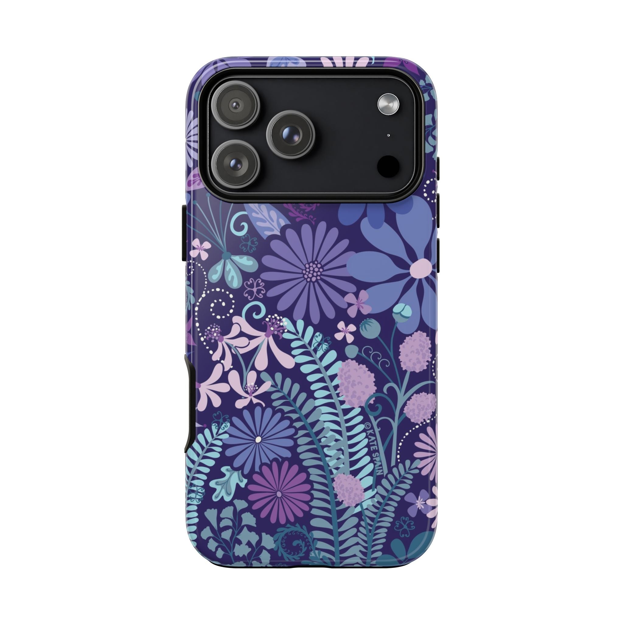 Luxury Terrain Tough iPhone 17 Pro Case – Glossy | navy, purple, aqua botanical woodland floral print