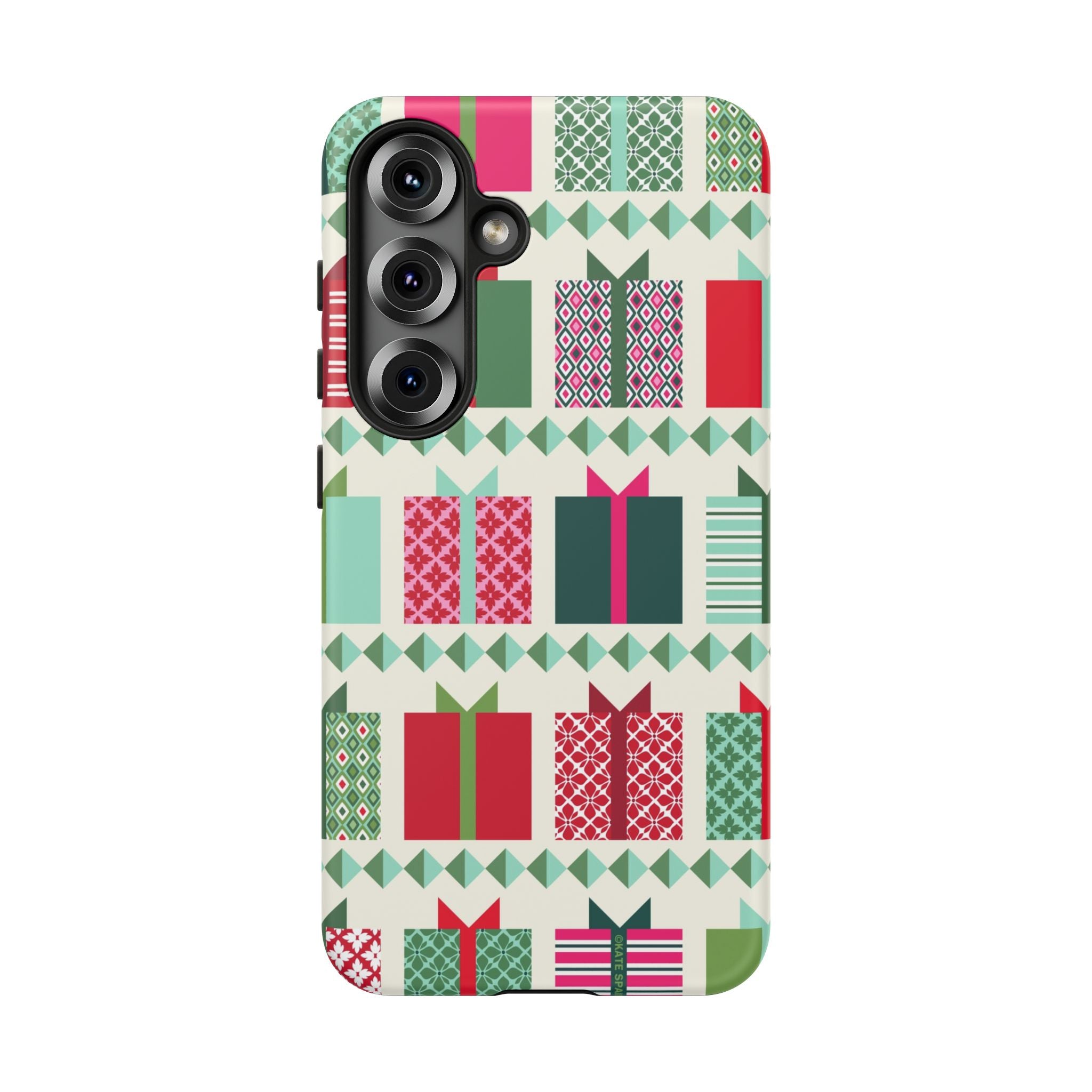 All Wrapped Up Samsung Galaxy S25 Case – Matte | cream, red, pink, green, mint geometric gift wrap holiday print