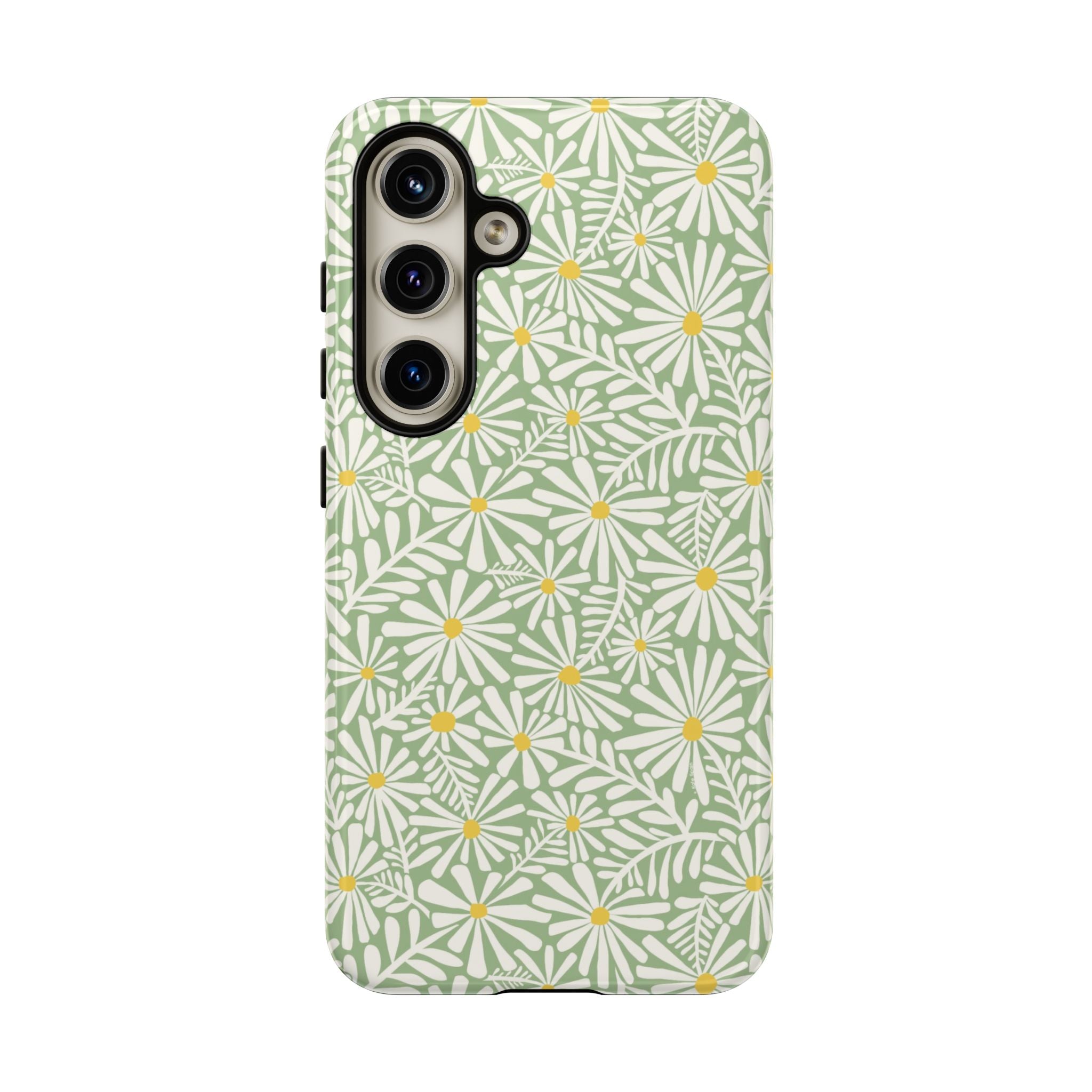 Montauk Daisy Meadow Green Samsung Galaxy S24 Glossy case — white daisy and fern print on sage green by Kate Spain