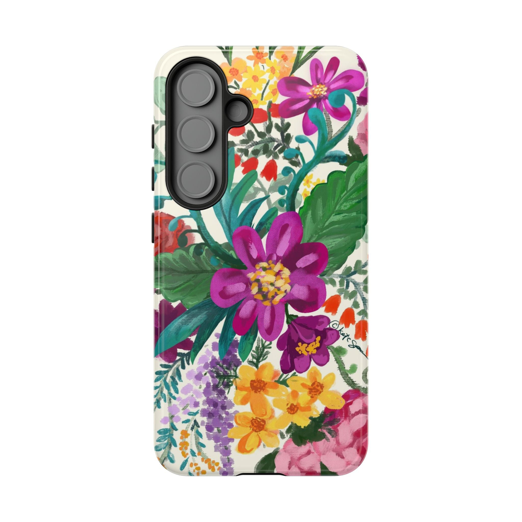 Tropical Posy Samsung Galaxy S25 Case – Glossy | white, magenta, yellow, purple vibrant botanical floral print