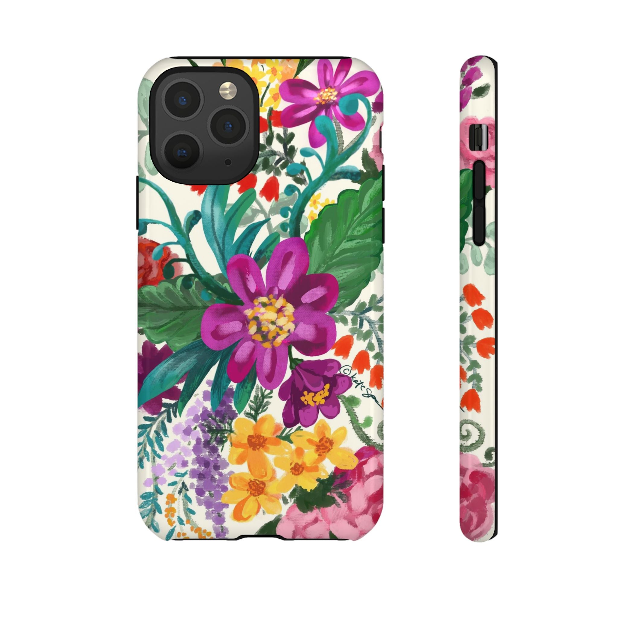 Posy Tough iPhone 11 Pro Case – Glossy | cream, magenta, coral botanical floral print